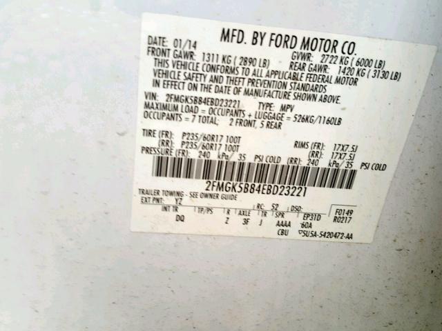 2FMGK5B84EBD23221 - 2014 FORD FLEX SE WHITE photo 10