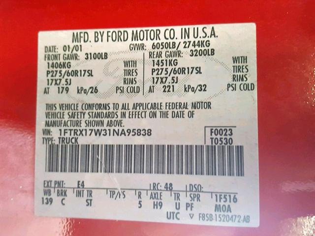 1FTRX17W31NA95838 - 2001 FORD F150 Rot Foto 10