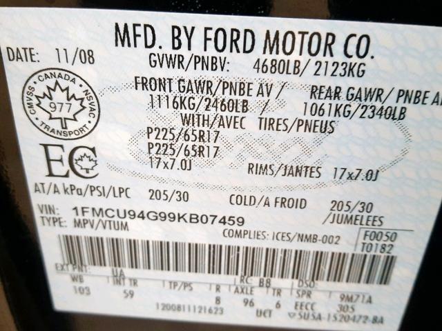 1FMCU94G99KB07459 - 2009 FORD ESCAPE LIM 黑色 照片 10