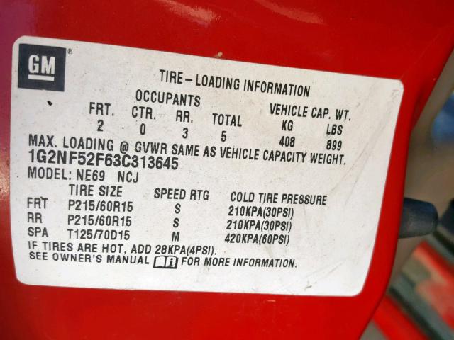 1G2NF52F63C313645 - 2003 PONTIAC GRAND AM S RED photo 10