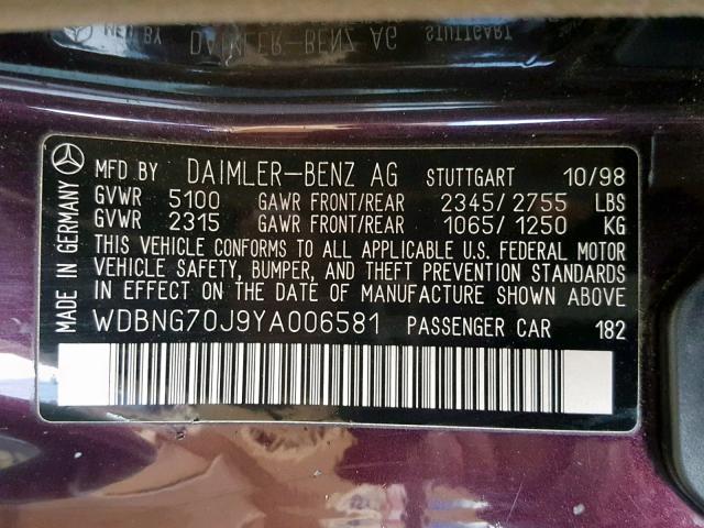 WDBNG70J9YA006581 - 2000 MERCEDES-BENZ S 430 PURPLE photo 10