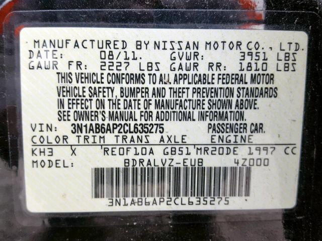 3N1AB6AP2CL635275 - 2012 NISSAN SENTRA 2.0 BLACK photo 10