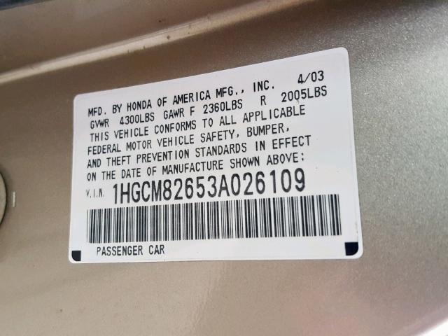 1HGCM82653A026109 - 2003 HONDA ACCORD EX 金色 照片 10
