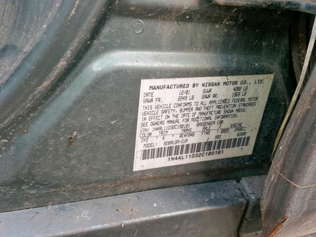 1N4AL11D32C180181 - 2002 NISSAN ALTIMA BAS GREEN photo 10