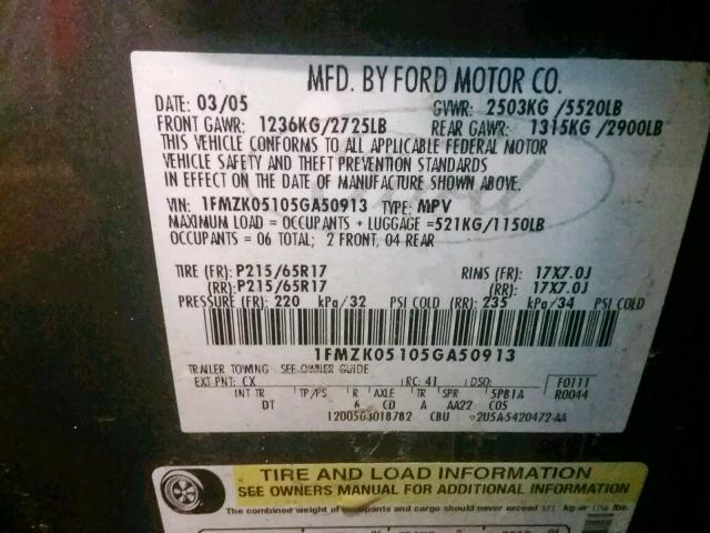 1FMZK05105GA50913 - 2005 FORD FREESTYLE BLACK photo 10