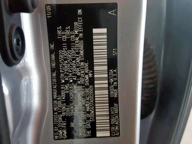 5TDDW5G17AS029909 - 2010 TOYOTA SEQUOIA PL SILVER photo 10