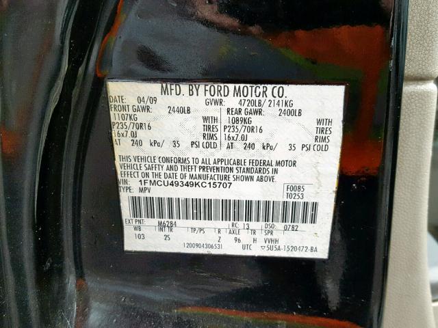 1FMCU49349KC15707 - 2009 FORD ESCAPE HYB BLACK photo 10