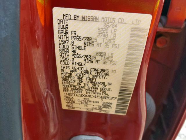 1N6ED29XX4C458037 - 2004 NISSAN FRONTIER C 勃艮第红 照片 10