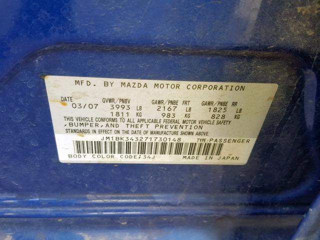 JM1BK343271730148 - 2007 MAZDA 3 HATCHBAC BLUE photo 10