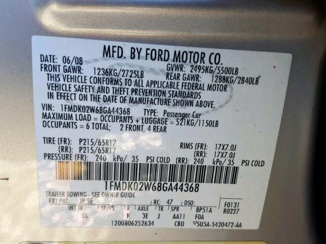 1FMDK02W68GA44368 - 2008 FORD TAURUS X S SILVER photo 10