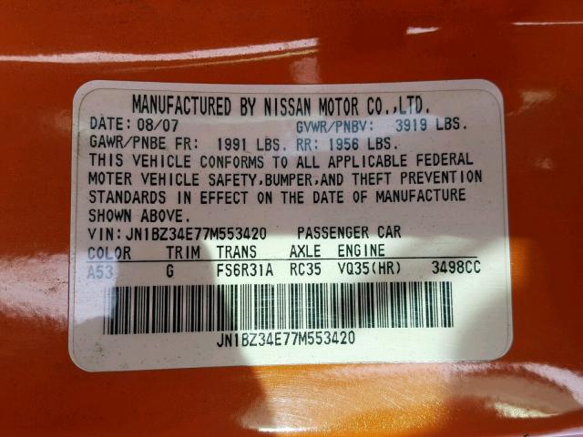 JN1BZ34E77M553420 - 2007 NISSAN 350Z COUPE ORANGE photo 10