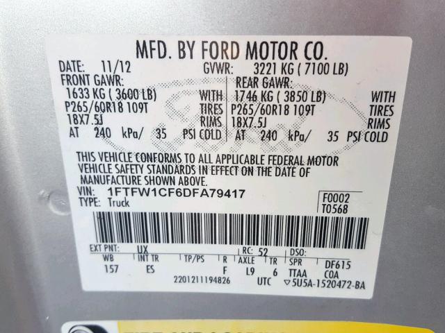 1FTFW1CF6DFA79417 - 2013 FORD F150 SUPER SILVER photo 10