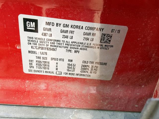 KL7CJPSB1FB264047 - 2015 CHEVROLET TRAX 1LS RED photo 10