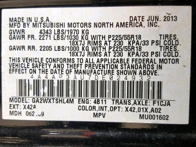 4A4AP3AU7DE024932 - 2013 MITSUBISHI OUTLANDER CHARCOAL photo 10