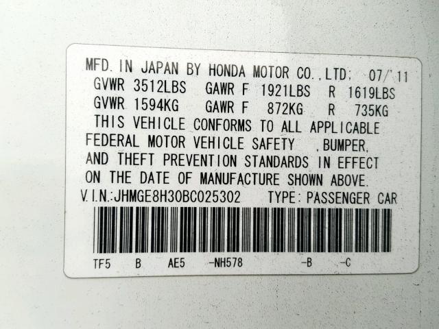 JHMGE8H30BC025302 - 2011 HONDA FIT WHITE photo 10