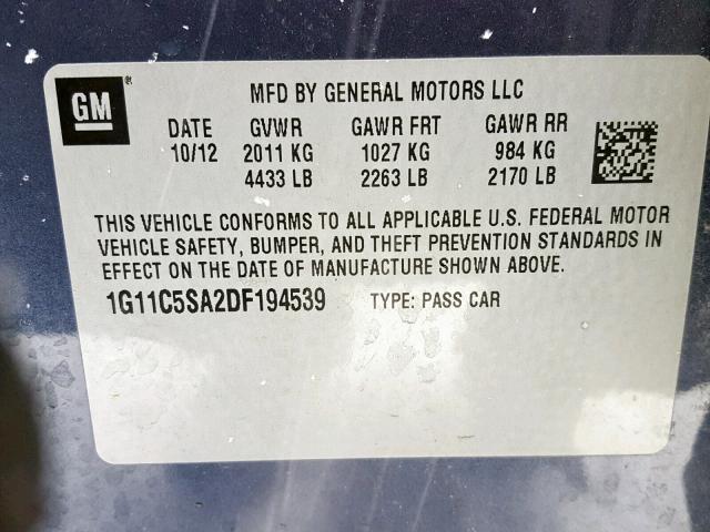 1G11C5SA2DF194539 - 2013 CHEVROLET MALIBU 1LT 蓝色 照片 10