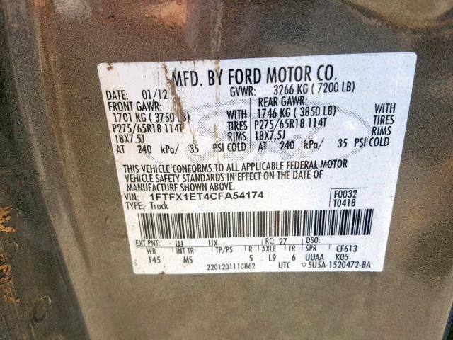 1FTFX1ET4CFA54174 - 2012 FORD F150 SUPER GRAY photo 10