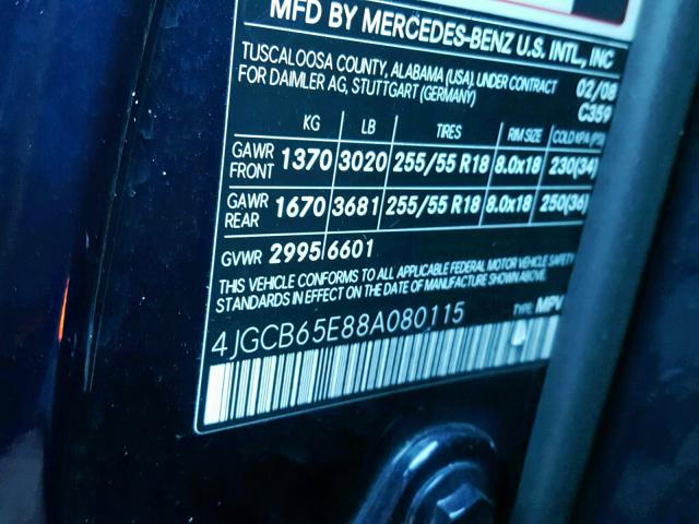 4JGCB65E88A080115 - 2008 MERCEDES-BENZ R 350 BLUE photo 10