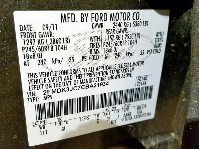 2FMDK3JC7CBA21934 - 2012 FORD EDGE SEL GRAY photo 10