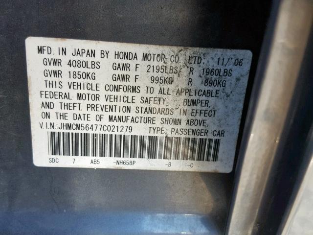 JHMCM56477C021279 - 2007 HONDA ACCORD LX GRAY photo 10