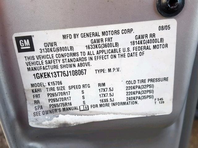 1GKEK13T76J108067 - 2006 GMC YUKON GRAY photo 10