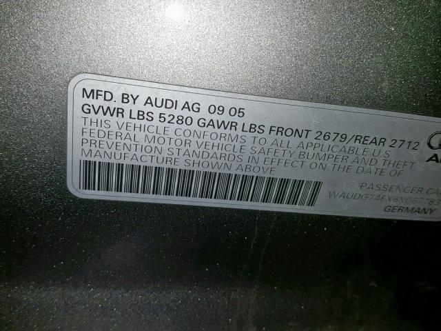 WAUDG74FX6N067783 - 2006 AUDI A6 3.2 QUA GRAY photo 10