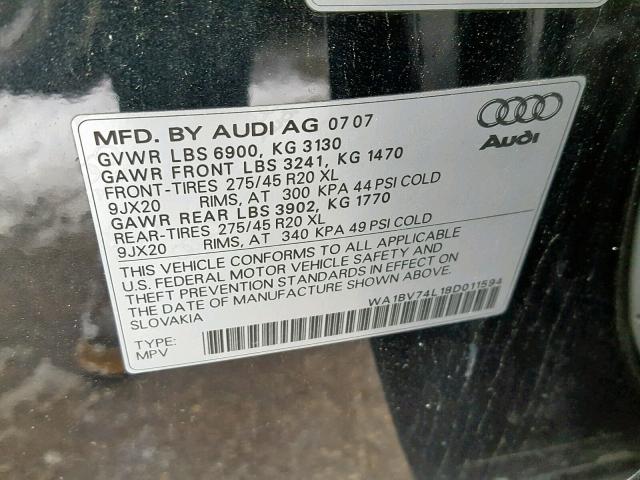 WA1BV74L18D011594 - 2008 AUDI Q7 4.2 QUA BLACK photo 10