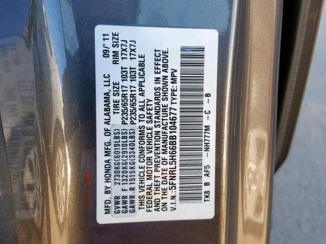 5FNRL5H66BB104677 - 2011 HONDA ODYSSEY EX GRAY photo 10