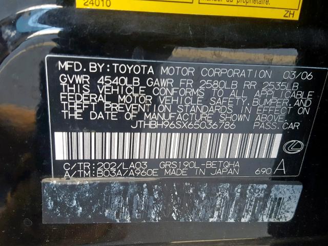 JTHBH96SX65036786 - 2006 LEXUS GS GENERAT BLACK photo 10