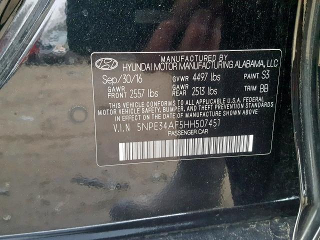 5NPE34AF5HH507451 - 2017 HYUNDAI SONATA SPO BLACK photo 10