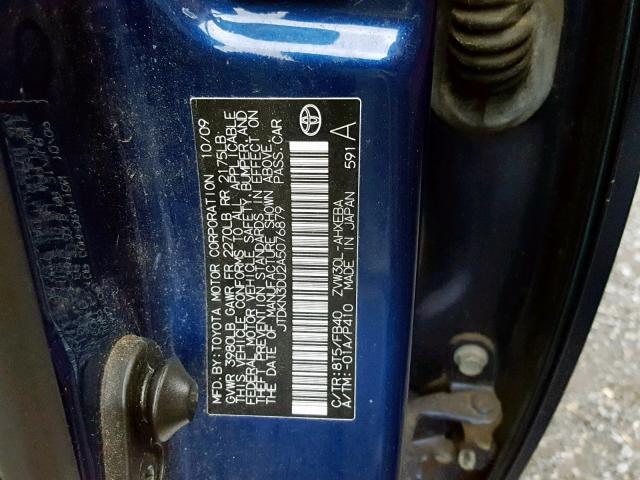 JTDKN3DU2A5076879 - 2010 TOYOTA PRIUS ლურჯი ფოტო 10