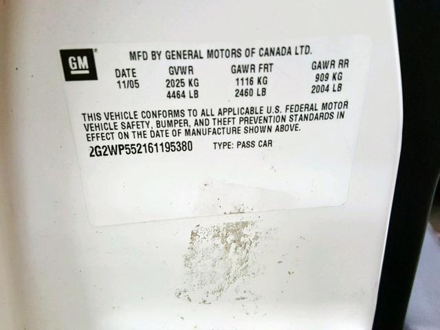 2G2WP552161195380 - 2006 PONTIAC GRAND PRIX თეთრი ფოტო 10
