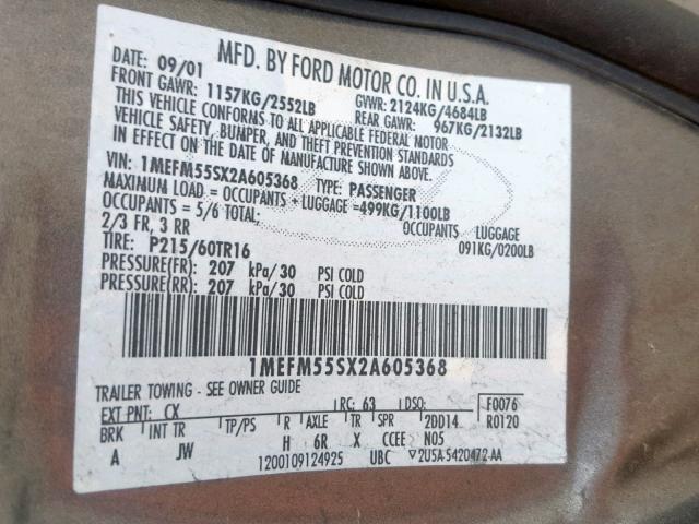 1MEFM55SX2A605368 - 2002 MERCURY SABLE LS P GRAY photo 10