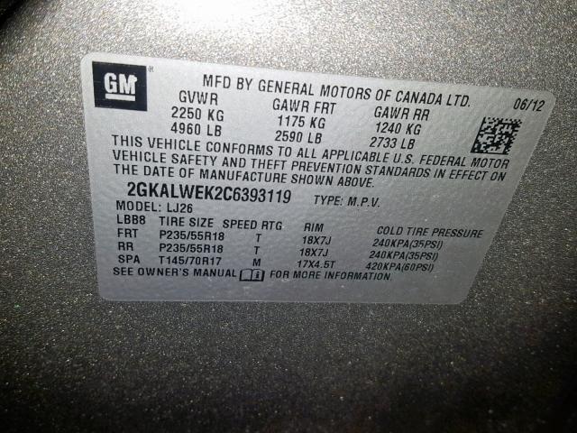 2GKALWEK2C6393119 - 2012 GMC TERRAIN SL GRAY photo 10