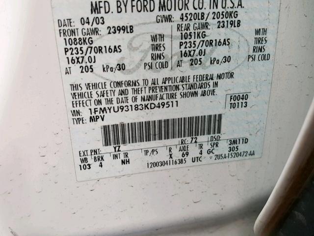 1FMYU93183KD49511 - 2003 FORD ESCAPE XLT WHITE photo 10