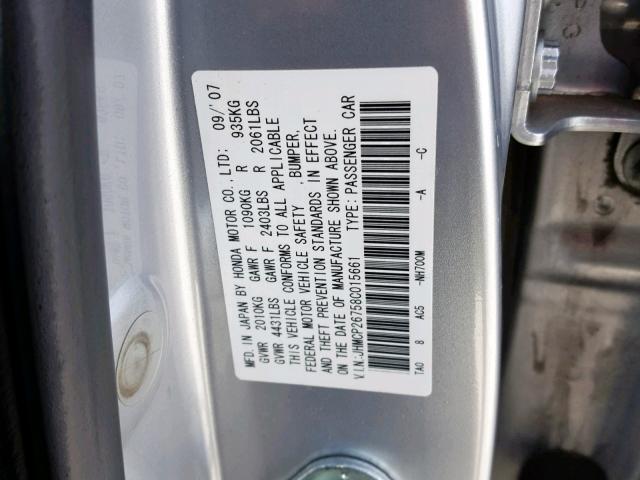 JHMCP26758C015661 - 2008 HONDA ACCORD EX SILVER photo 10