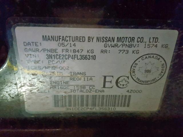 3N1CE2CP4FL356310 - 2015 NISSAN VERSA NOTE BLACK photo 10