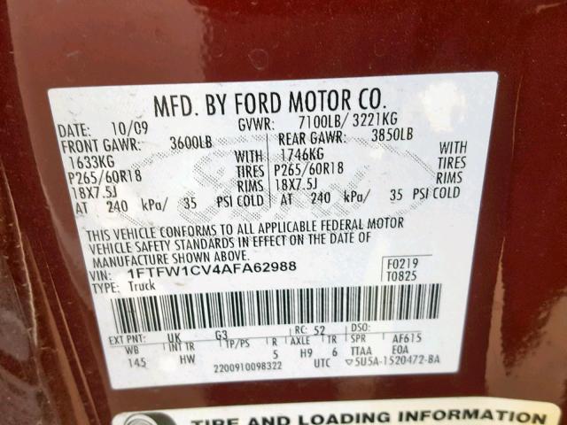 1FTFW1CV4AFA62988 - 2010 FORD F150 SUPER MAROON photo 10