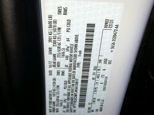 1FTYE2CM7JKA13817 - 2018 FORD TRANSIT T- 白色 照片 10