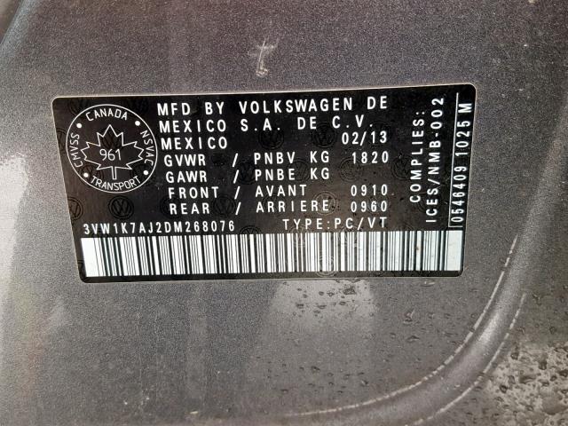 3VW1K7AJ2DM268076 - 2013 VOLKSWAGEN JETTA BASE 石墨色 照片 10