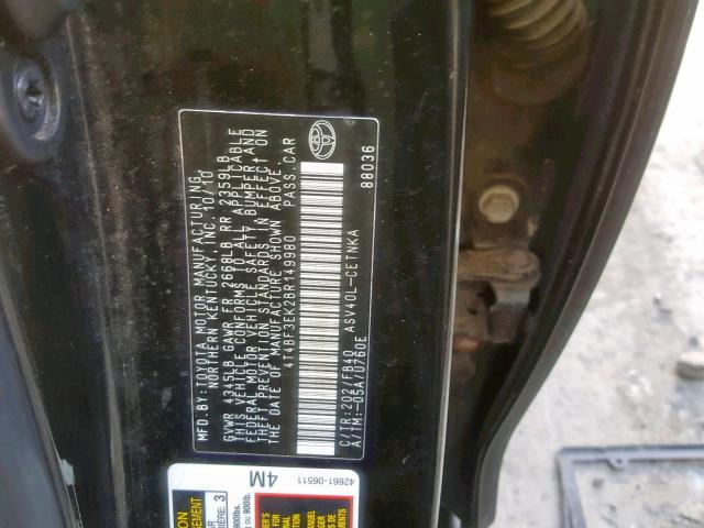 4T4BF3EK2BR149980 - 2011 TOYOTA CAMRY BASE BLACK photo 10