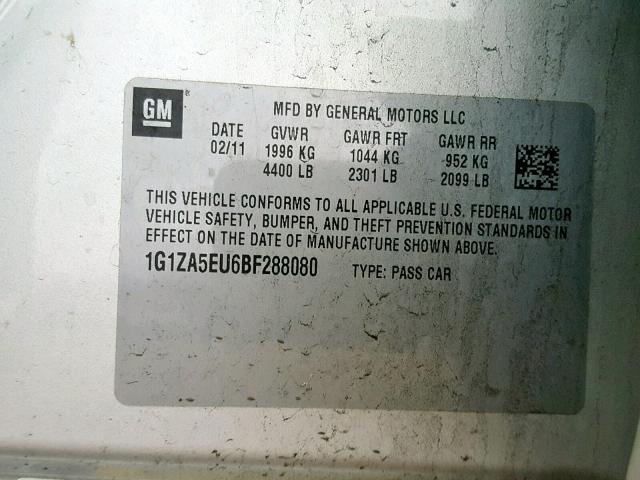 1G1ZA5EU6BF288080 - 2011 CHEVROLET MALIBU LS 银色 照片 10