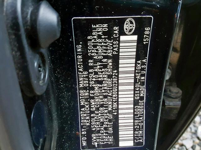 4T1BK1EB0GU238724 - 2016 TOYOTA AVALON XLE BLACK photo 10