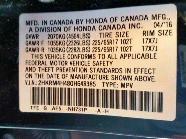 2HKRM4H48GH648385 - 2016 HONDA CR-V SE BLACK photo 10