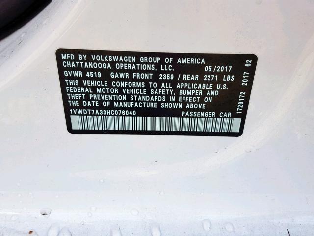 1VWDT7A33HC076040 - 2017 VOLKSWAGEN PASSAT R-L 白色 照片 10