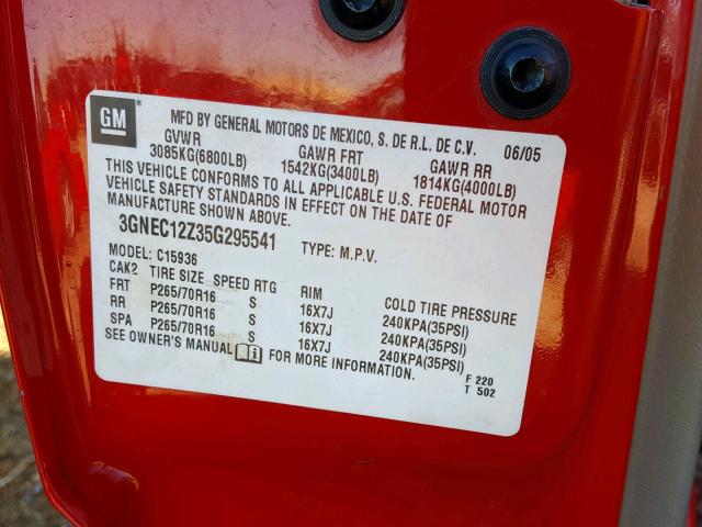 3GNEC12Z35G295541 - 2005 CHEVROLET AVALANCHE 红色 照片 10