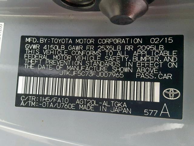 JTKJF5C73FJ007965 - 2015 TOYOTA SCION TC GRAY photo 10