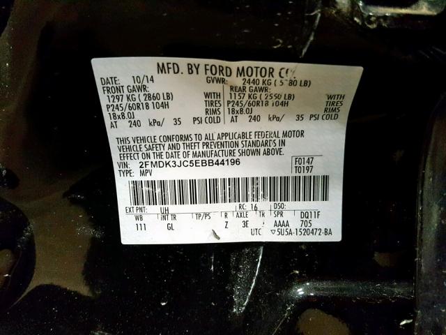 2FMDK3JC5EBB44196 - 2014 FORD EDGE SEL BLACK photo 10