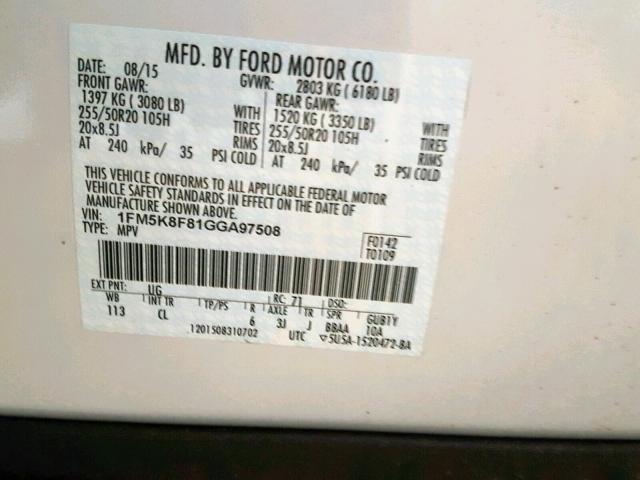 1FM5K8F81GGA97508 - 2016 FORD EXPLORER L WHITE photo 10