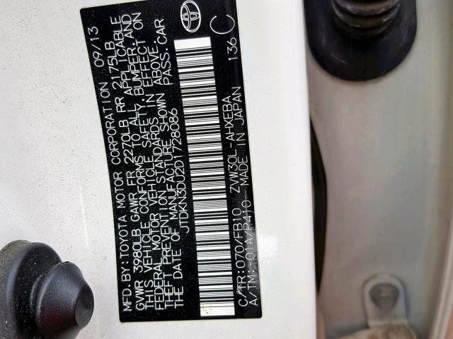 JTDKN3DU2D1728086 - 2013 TOYOTA PRIUS 白色 照片 10